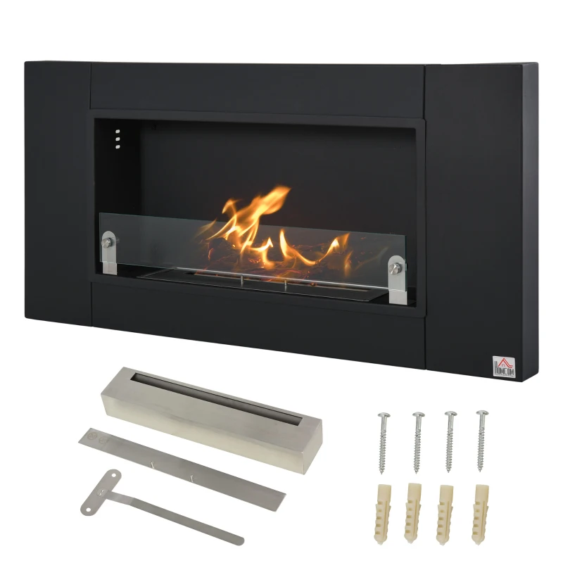 HOMCOM Ethanol Fireplace, 43.25" Wall-Mounted 0.73 Gal Stainless Steel Max 323 Sq. Ft., Burns up to 4 Hours, Black