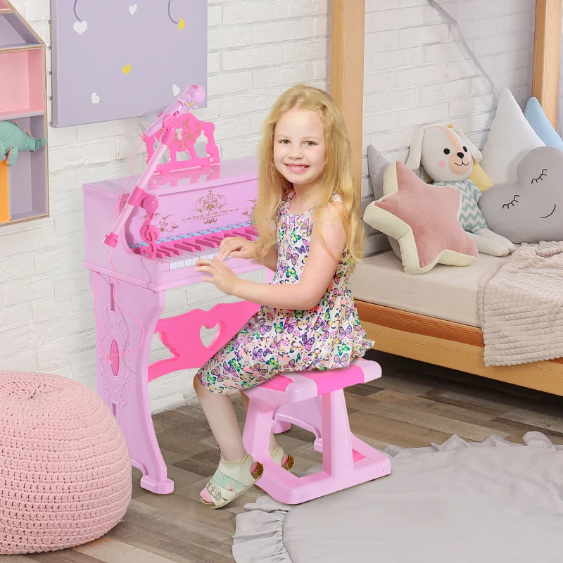 Qaba 37-Key Kids Princess Electronic Piano Toddler Toy Keyboard with Stool, MP3, Record, Light and Microphone for 3 years+, Pink