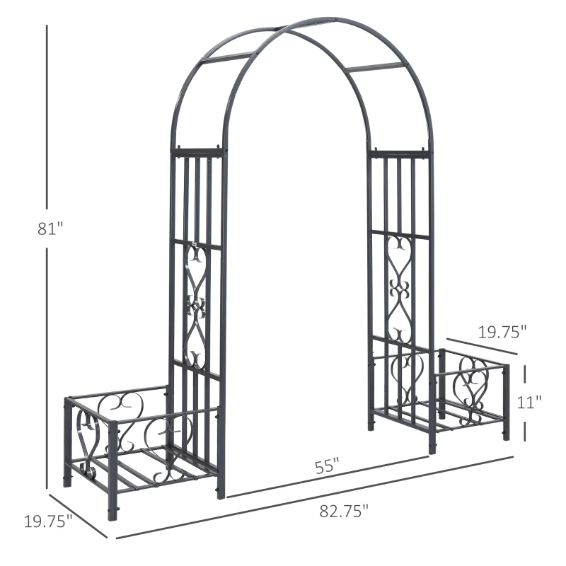 Outsunny 6.7' Steel Garden Arch Arbor with Scrollwork Hearts, Planter Boxes for Climbing Vines, Ceremony, Weddings, Party, Backyard, Lawn, Gray