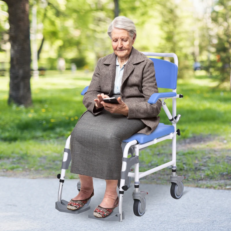 HOMCOM Accessibility Commode Wheelchair, Rolling Shower Wheelchair with 4 Castor Wheels, Rectangle Detachable Bucket, & Waterproof Design, 17" Seat Width, Blue