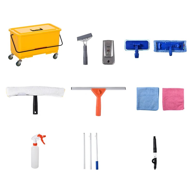 HOMCOM Cleaning Tool Set with Microfiber Mop Pads, Bucket, Squeegee, Scrubber, Scrapers, Spray Bottle for Floor, Glass Door, Window, Car Windshield, Multi-Color