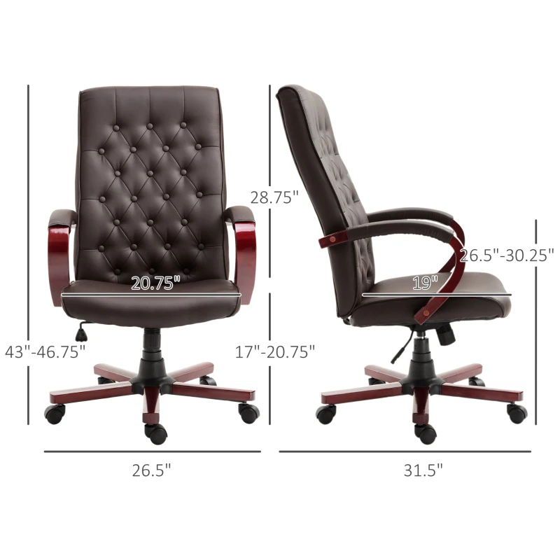 Vinsetto High Back Faux Leather Office Chair with Button Tufted Design, Executive Computer Desk Chair with Solid Wood Feet and Arms, Brown