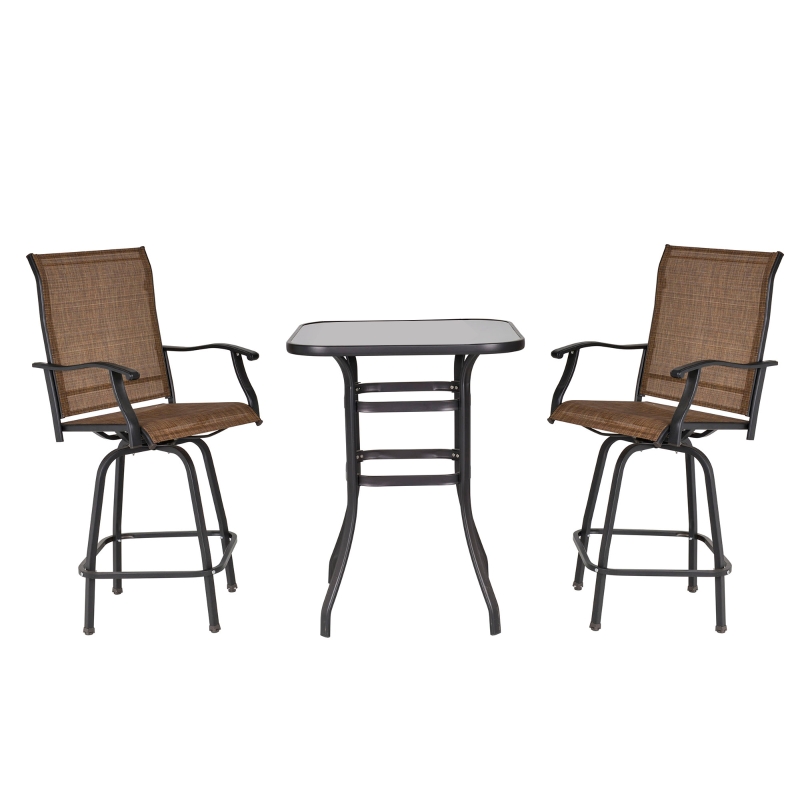 Outsunny 3 Piece Outdoor Patio Bar-Height Bistro Set with Comfort Sling Fabric, Steel Frame, & Weather-Fighting, Brown