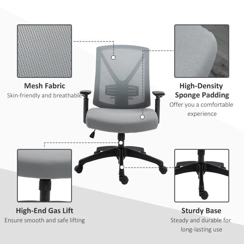 Vinsetto Ergonomic Mesh Office Chair with Lumbar Back Support, Swivel Rocking Computer Chair with Adjustable Height and Armrests for Home Office, Grey