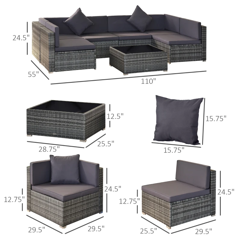 Outsunny 7 Piece Modern Rattan Wicker Garden Outdoor Furniture Modular Sectional Patio Set - Grey