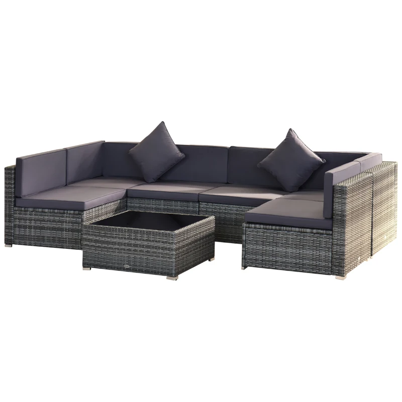 Outsunny 7 Piece Modern Rattan Wicker Garden Outdoor Furniture Modular Sectional Patio Set - Grey