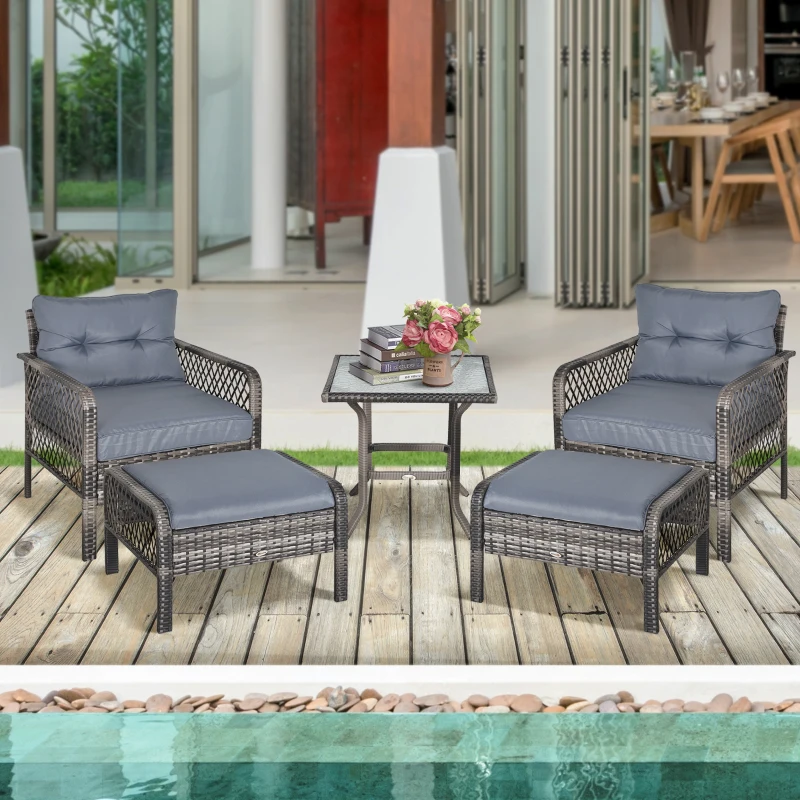 Outsunny 5-Piece PE Wicker Patio Furniture Set, Conversation Set with Outdoor Ottomans, Table & Chairs, Small Balcony Furniture for Apartments, Steel, Gray