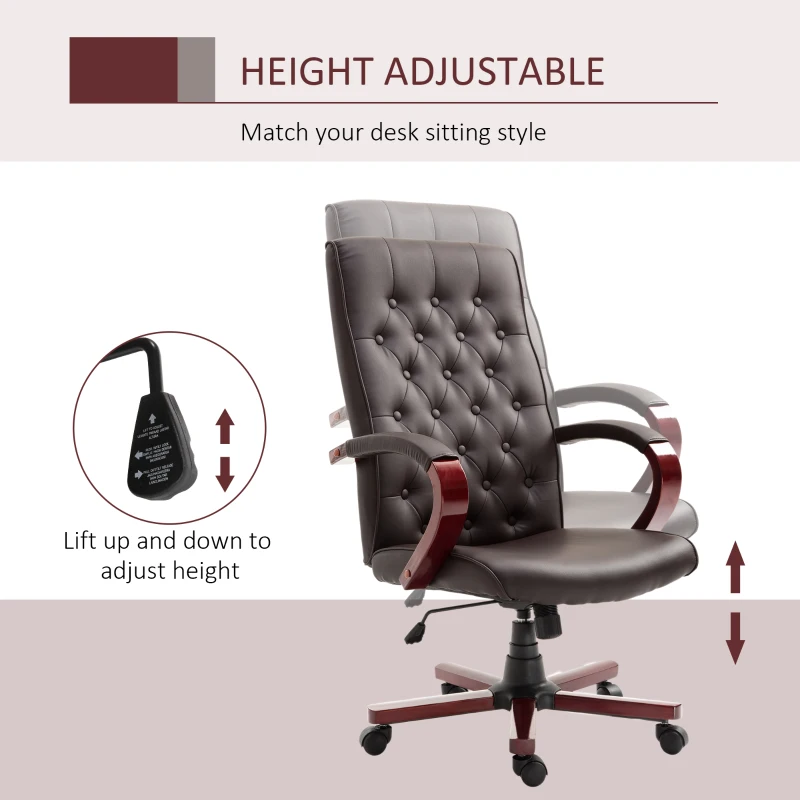 Vinsetto High Back Faux Leather Office Chair with Button Tufted Design, Executive Computer Desk Chair with Solid Wood Feet and Arms, Brown