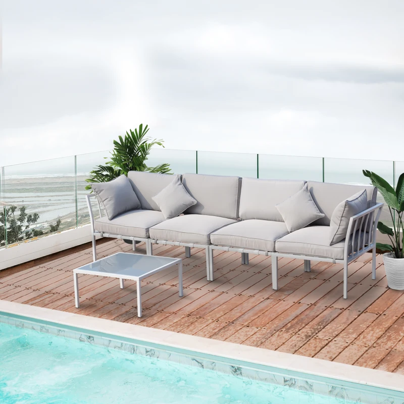 Outsunny 5 Piece Outdoor Furniture Patio Conversation Seating Set, 2 Sofa Chairs, & Coffee Table, White