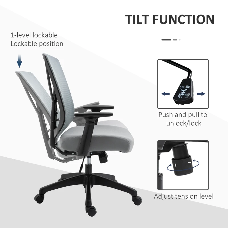 Vinsetto Ergonomic Mesh Office Chair with Lumbar Back Support, Swivel Rocking Computer Chair with Adjustable Height and Armrests for Home Office, Grey
