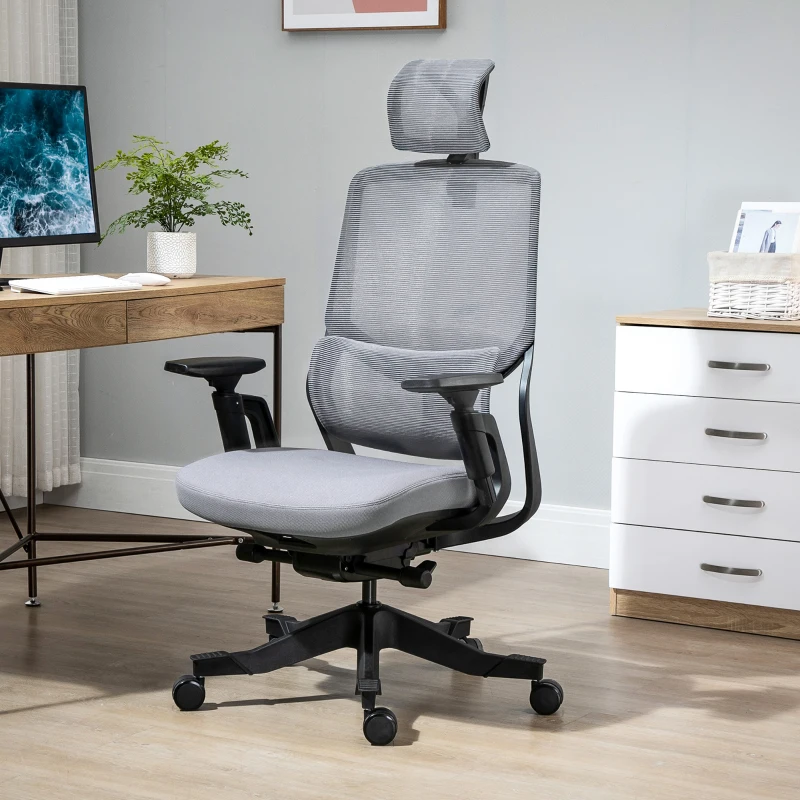 Vinsetto High Back Ergonomic Mesh Office Chair with Adjustable Height, Armrests, Lumbar Support and Headrest, Grey/Black