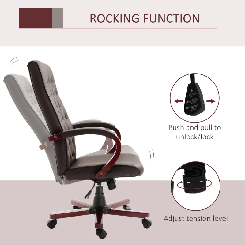 Vinsetto High Back Faux Leather Office Chair with Button Tufted Design, Executive Computer Desk Chair with Solid Wood Feet and Arms, Brown