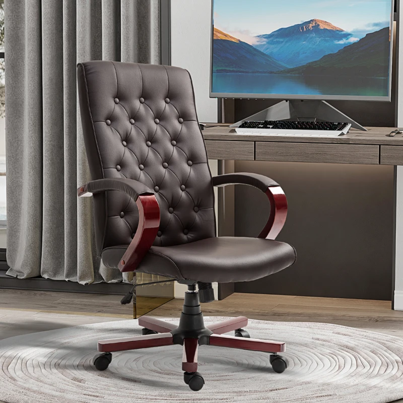 Vinsetto High Back Faux Leather Office Chair with Button Tufted Design, Executive Computer Desk Chair with Solid Wood Feet and Arms, Brown