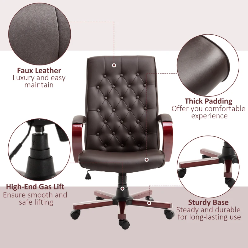 Vinsetto High Back Faux Leather Office Chair with Button Tufted Design, Executive Computer Desk Chair with Solid Wood Feet and Arms, Brown