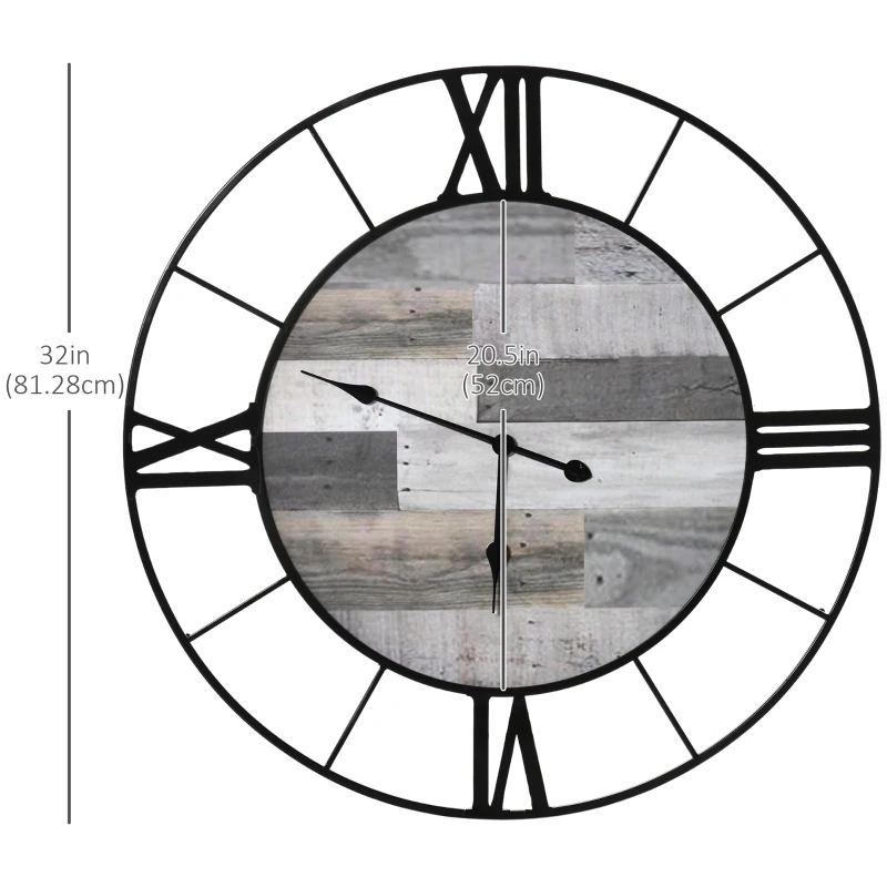 HOMCOM 32 Inch Large Wall Clock, Silent Non Ticking Metal Roman Numeral Industrial Oversized Clocks for Living Room Decor, Battery Operated, Easy to Read, Black and Wood Grain