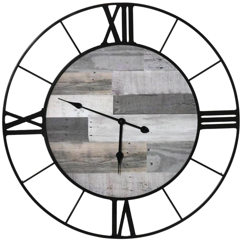 HOMCOM 32 Inch Large Wall Clock, Silent Non Ticking Metal Roman Numeral Industrial Oversized Clocks for Living Room Decor, Battery Operated, Easy to Read, Black and Wood Grain