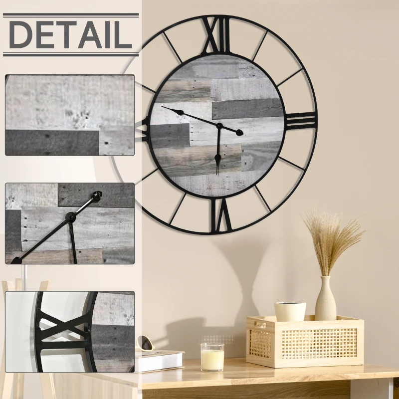 HOMCOM 32 Inch Large Wall Clock, Silent Non Ticking Metal Roman Numeral Industrial Oversized Clocks for Living Room Decor, Battery Operated, Easy to Read, Black and Wood Grain