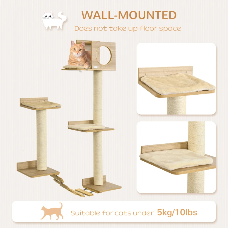 PawHut Wall Mounted Cat Tree with Scratching Post Condo Bridge Cushion Cat Climbing Shelves Furniture, Yellow
