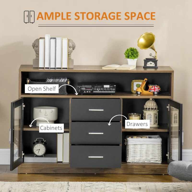 HOMCOM Buffet Cabinet, Glass Door Accent Sideboard with 3 Storage Drawers, Interior Adjustable Shelves, Console Table, Black and Natural