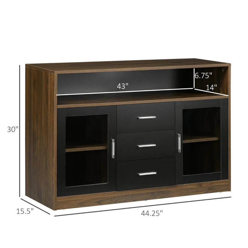 HOMCOM Buffet Cabinet, Glass Door Accent Sideboard with 3 Storage Drawers, Interior Adjustable Shelves, Console Table, Black and Natural