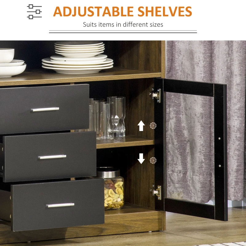 HOMCOM Buffet Cabinet, Glass Door Accent Sideboard with 3 Storage Drawers, Interior Adjustable Shelves, Console Table, Black and Natural