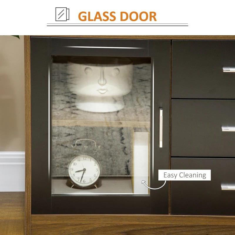 HOMCOM Buffet Cabinet, Glass Door Accent Sideboard with 3 Storage Drawers, Interior Adjustable Shelves, Console Table, Black and Natural