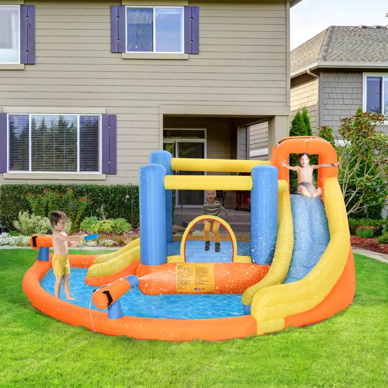 Outsunny 5-in-1 Kids Inflatable Bounce House Jumping Castle with Water Pool, Slide, Climbing Walls & 2 Water Guns