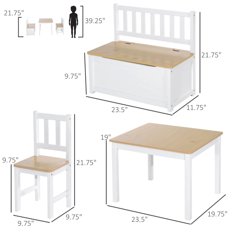 Qaba 4-Piece Kids Table and Chair Set, with 1 Storage Bench and 2 Matching High Back Chairs, Natural & White