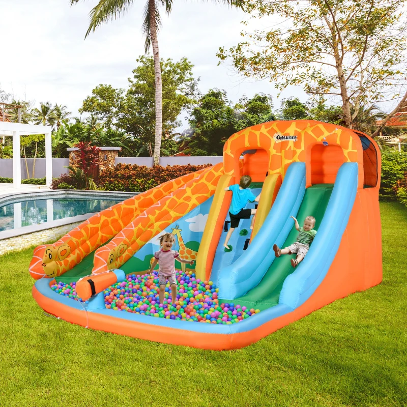 Outsunny Giraffe Style Kids Inflatable Water Slide 4 in 1 Bounce House Slide Pool Gun Climbing Wall with 750W Air Blower for Summer Playland
