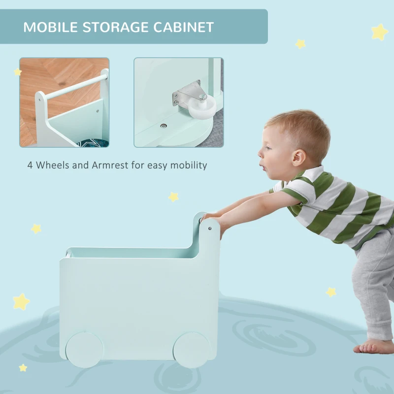 Qaba's Kids' Storage Cabinet, Organizer for Books, Crafts, Rollable Toy Chest Safely Transport Bookshelf with Included Wheels, Clean Play Room, Blue