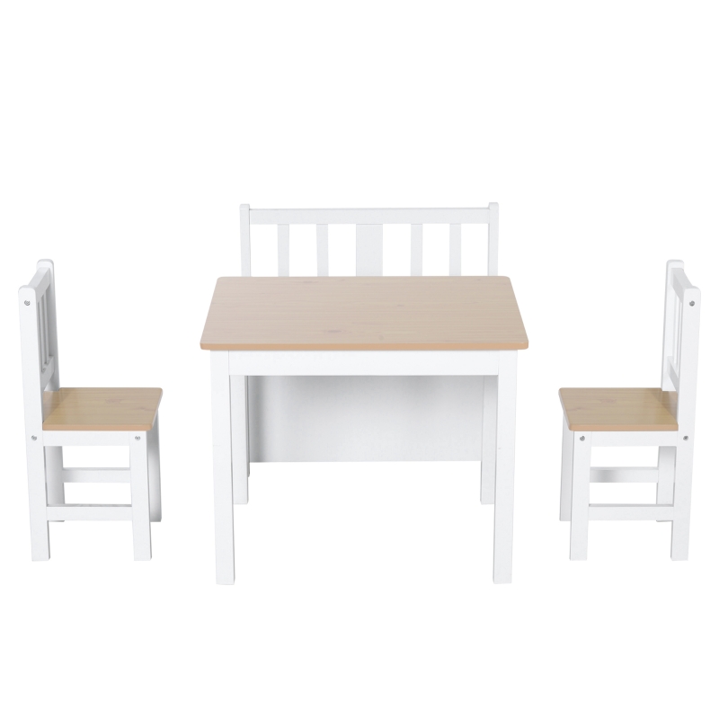 Qaba 4-Piece Kids Table and Chair Set, with 1 Storage Bench and 2 Matching High Back Chairs, Natural & White