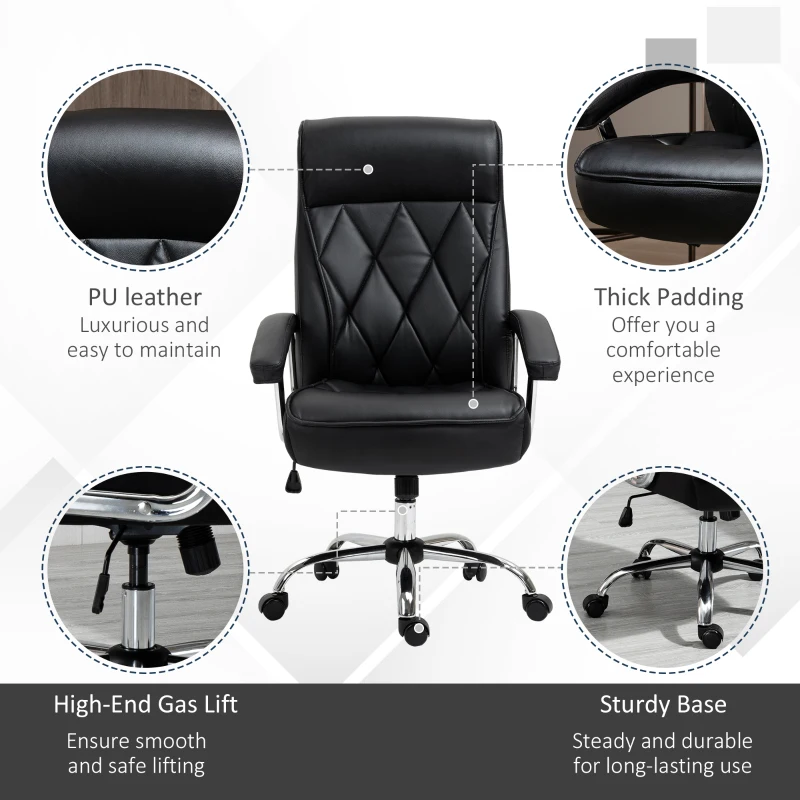 Vinsetto High Back Office Chair Computer Task Seat Adjustable Ergonomic Executive Chair Diamond-Stitched PU Leather Swivel with Padded Armrests, Black