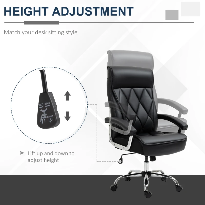 Vinsetto High Back Office Chair Computer Task Seat Adjustable Ergonomic Executive Chair Diamond-Stitched PU Leather Swivel with Padded Armrests, Black