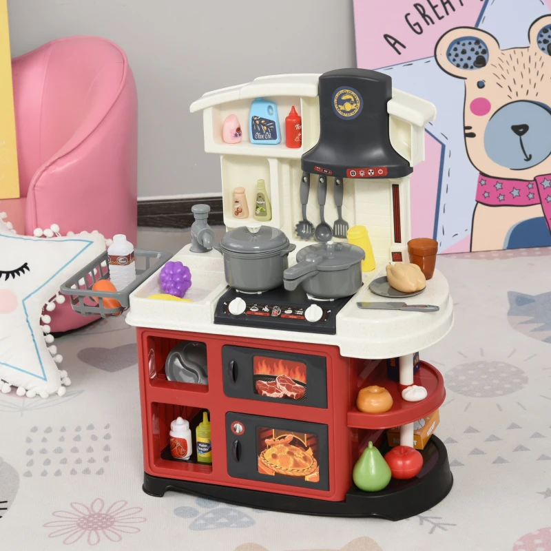 Qaba Kids Kitchen Playset with Simulation of Spray, 52-Piece Toy Kitchen Set, Pretend Play Game Sink with Real Running Water, Ages 3-6