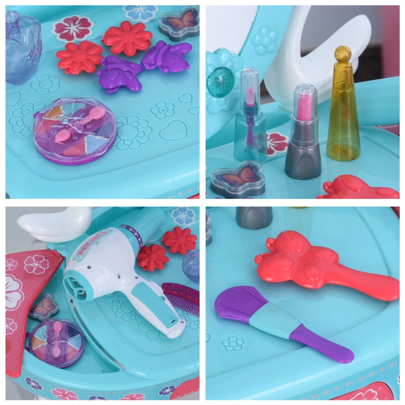 Qaba Kids Makeup Table and Chair, Vanity Set with Mirror Lights, Sounds, Accessories, Beauty Pretend Play, for 3-Year-Olds, Blue and White