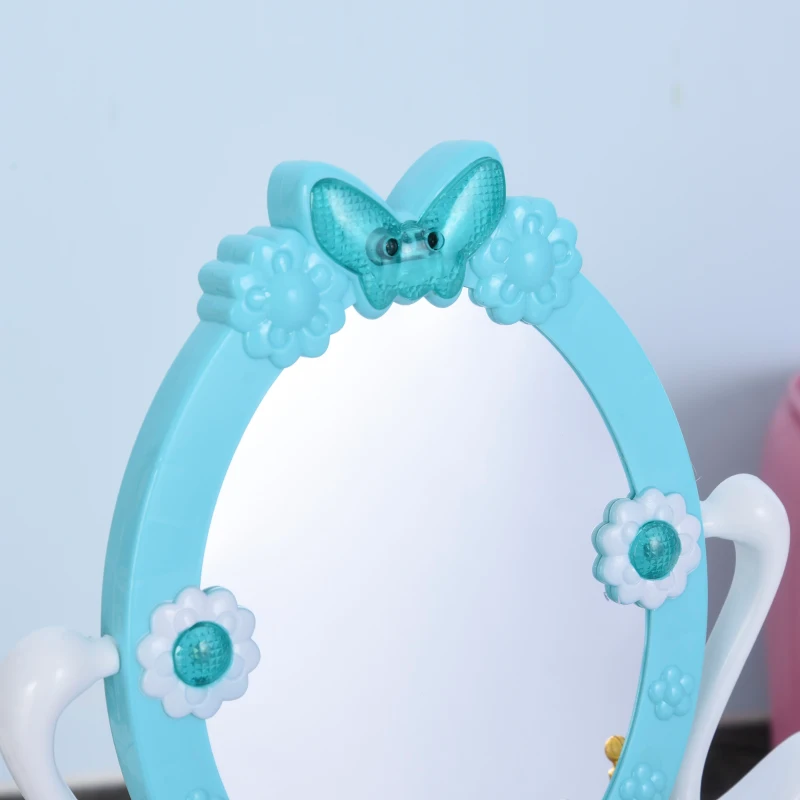 Qaba Kids Makeup Table and Chair, Vanity Set with Mirror Lights, Sounds, Accessories, Beauty Pretend Play, for 3-Year-Olds, Blue and White