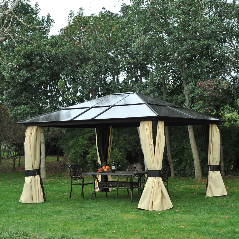 Outsunny 14’x12’ Deluxe Hard Top Patio Gazebo Canopy Garden Aluminum Shelter with Sunshine Board, Curtains and Mosquito Netting