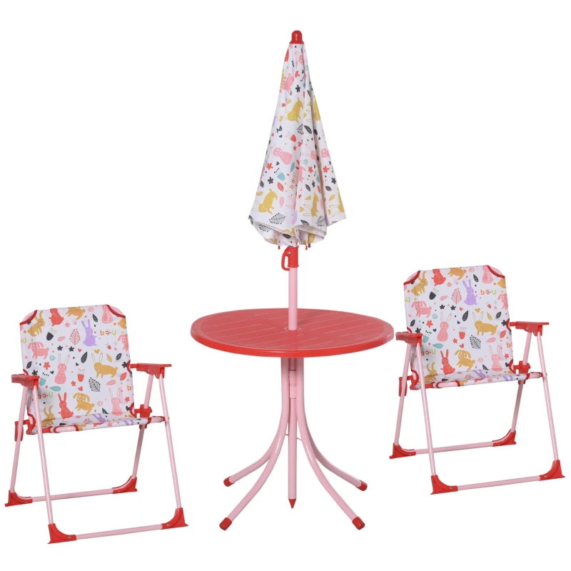 Outsunny Kids Folding Picnic Table and Chairs Set Rabbit Pattern for Outdoor Garden Patio Backyard with Removable & Height Adjustable Sun Umbrella, Red