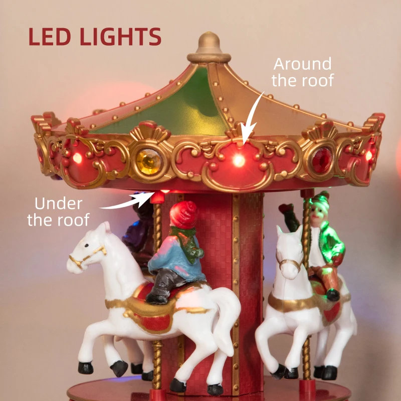 HOMCOM Carousel Music Box with LED Light, Figurine, 3-Horse Musical Carousel, Battery Operated Merry-Go-Round for Anniversary Birthday Christmas