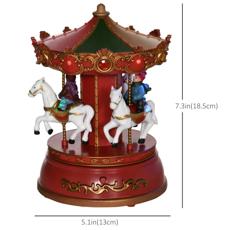 HOMCOM Carousel Music Box with LED Light, Figurine, 3-Horse Musical Carousel, Battery Operated Merry-Go-Round for Anniversary Birthday Christmas