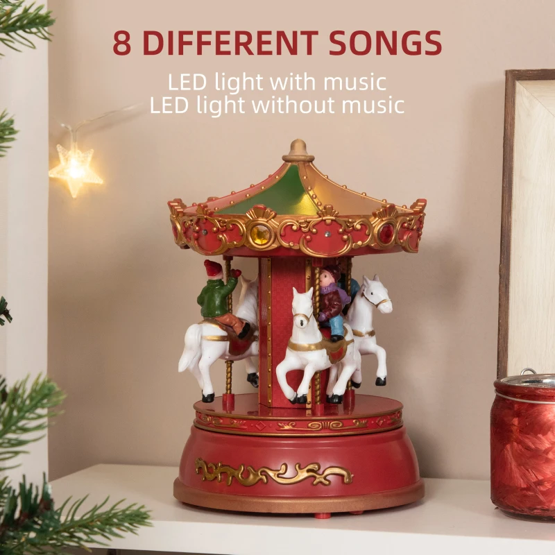 HOMCOM Carousel Music Box with LED Light, Figurine, 3-Horse Musical Carousel, Battery Operated Merry-Go-Round for Anniversary Birthday Christmas