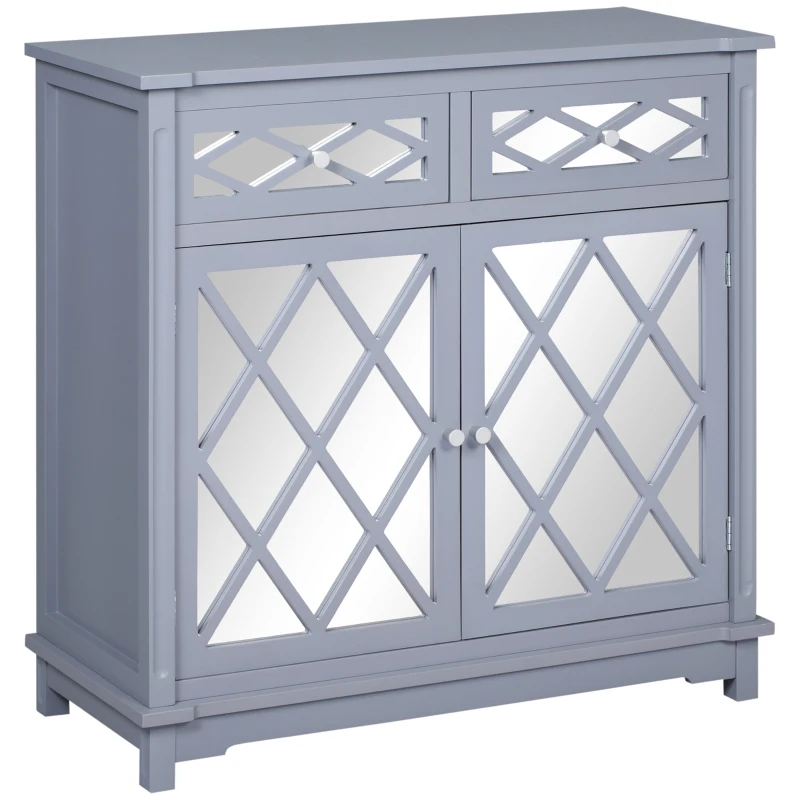 HOMCOM Floor Cabinet with Mirror Doors and 2 Drawers, Sideboard, Bathroom Storage Cabinet with Shelf for Living Room, Entryway, Grey