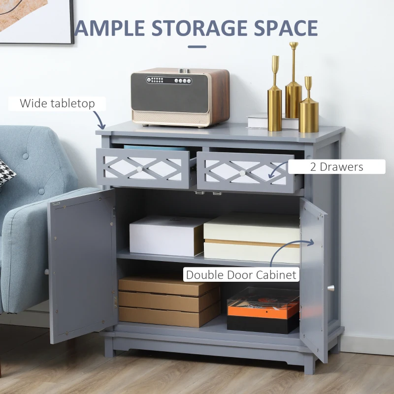 HOMCOM Floor Cabinet with Mirror Doors and 2 Drawers, Sideboard, Bathroom Storage Cabinet with Shelf for Living Room, Entryway, Grey