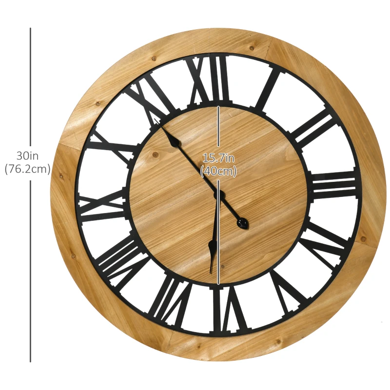 HOMCOM 30 Inch Large Wall Clocks for Home Decor, Silent Non Ticking Decorative Roman Numerals Oversized Clocks Battery Operated for Living Room Bedroom Kitchen, Black and Natural Wood Colour