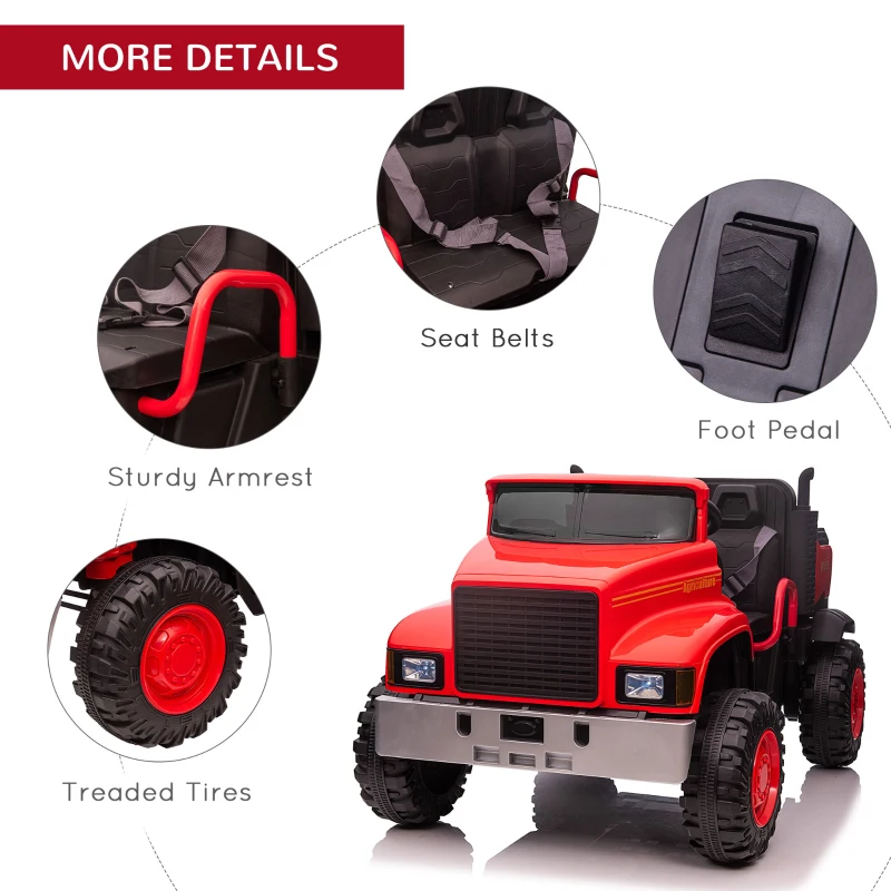 Aosom Ride-on Tractor 2-Seater Battery-Powered Car for Kids with Large High-Traction Wheels, 12V Truck Ride-on Toy with Rear Storage, Outdoor Toy, Red