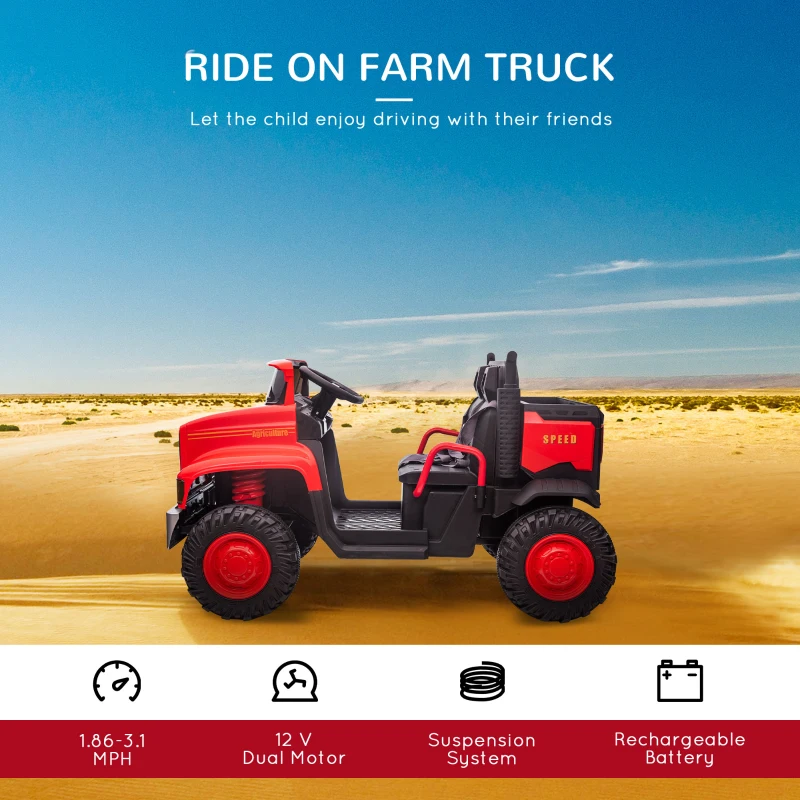 Aosom Ride-on Tractor 2-Seater Battery-Powered Car for Kids with Large High-Traction Wheels, 12V Truck Ride-on Toy with Rear Storage, Outdoor Toy, Red