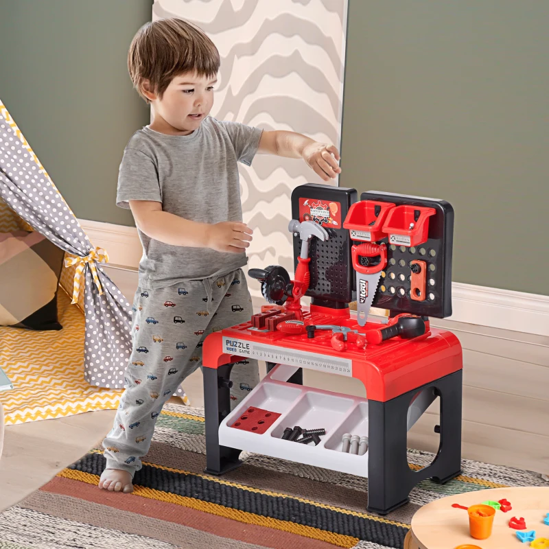 Qaba Kids Tool Workbench, Pretend Play Construction Workshop with 46 Realistic Toy Tools for Kids Ages 3 years