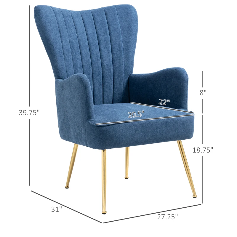 HOMCOM Velvet Accent Chairs, Modern Living Room Chair, Tall Back Leisures Chair with Steel Legs for Bedroom, Dinning Room, Waiting Room, Blue