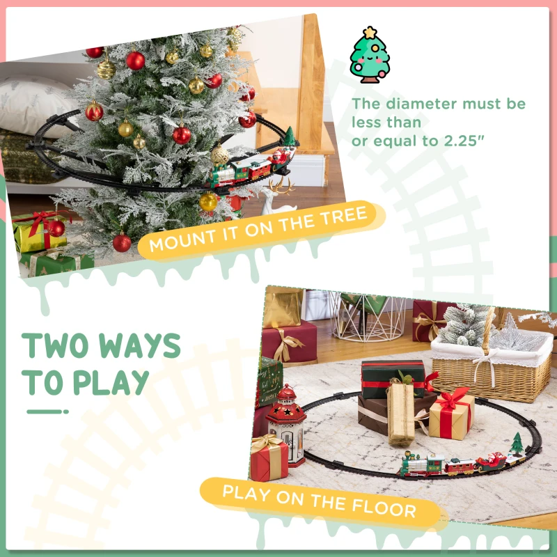 Qaba Christmas Train Set for Kids with 2 Playing Forms, Tree-mounted or Floor-playing Battery-Powered Christmas Train Toy Set with Sounds & Lights, Holiday Toy Gift for Kids 3-8 Years Old
