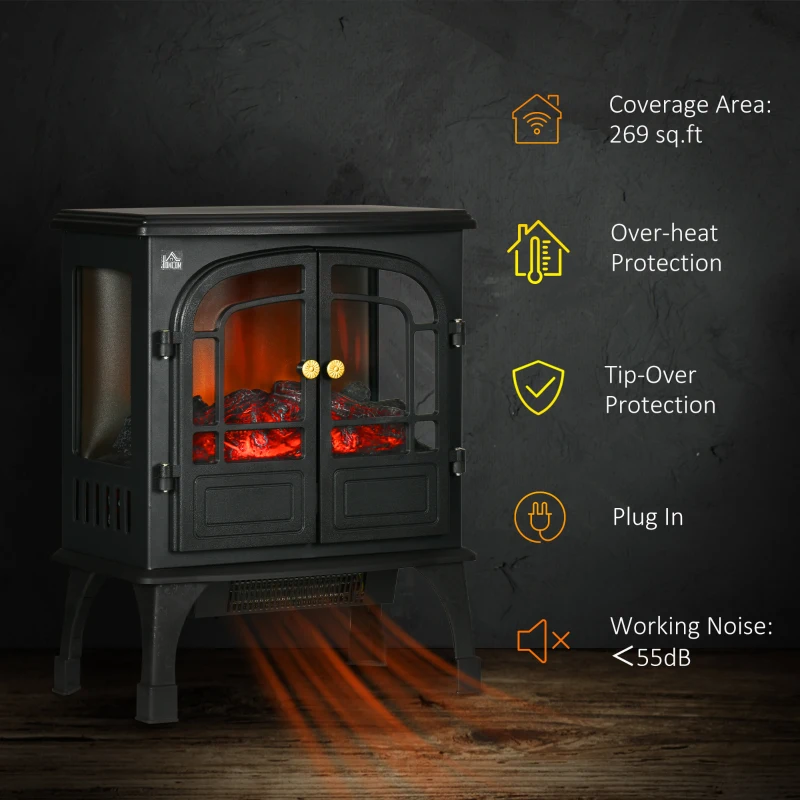 HOMCOM 26" Electric Fireplace Heater, Freestanding Fireplace Stove with Realistic LED Flames, Overheating Protection, 750W/1500W, Black